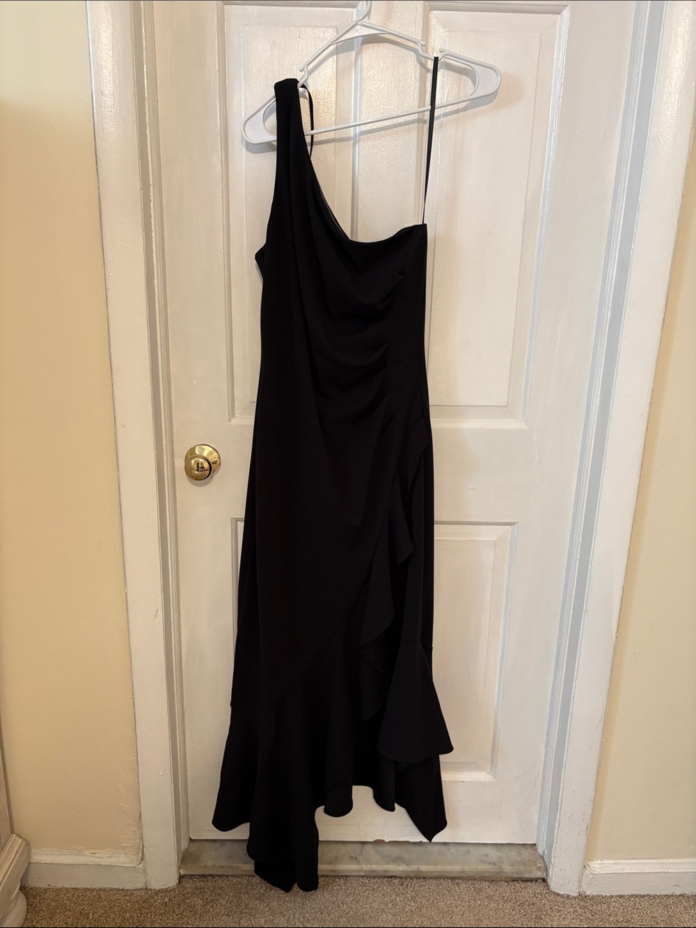 Black One Shoulder Ruched Ruffled Gown - Picture 2 of 6